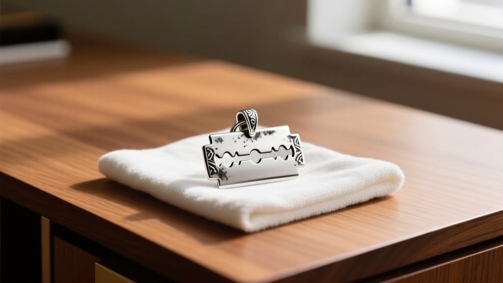 Sterling silver razor blade pendant showing oxidation in crevices, resting beside a microfiber cloth on a wooden desk.