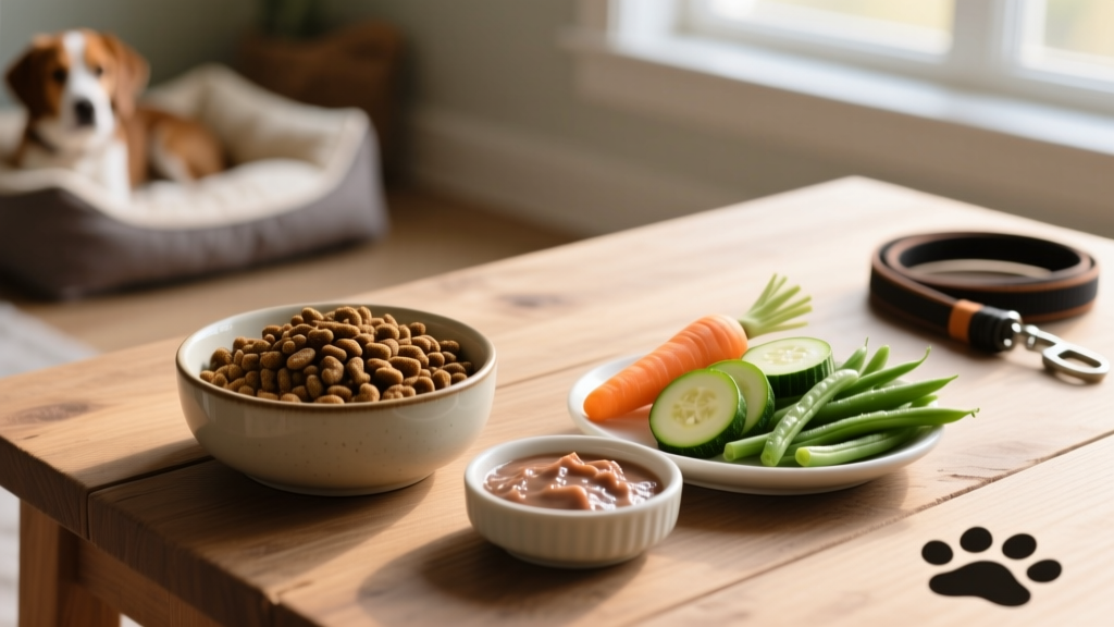 A bowl of high-quality dry kibble next to a small dish of wet food and fresh vegetables, representing balanced dog nutrition