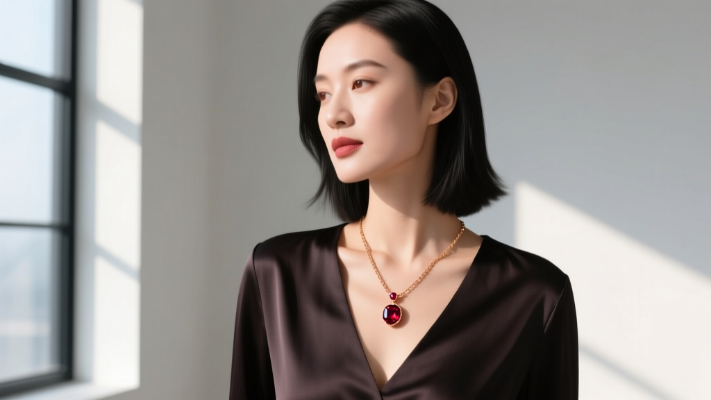 Woman wearing a delicate 18-inch rose gold chain with a bezel-set red garnet pendant, paired with a dark V-neck silk blouse