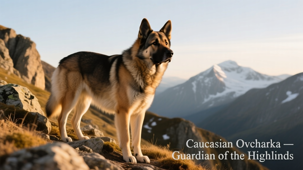 Caucasian Ovcharka standing alert on a rocky mountain slope, showcasing its imposing stature and thick double coat