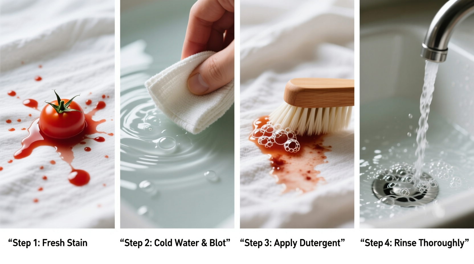 Step-by-step tomato stain removal process on cotton fabric