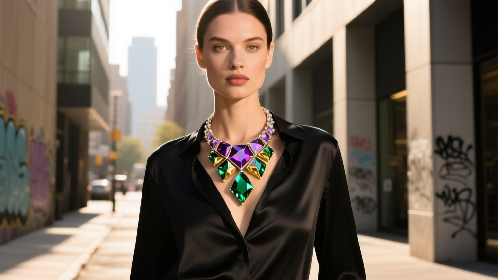 Modern 2026 street-style portrait of a woman wearing a massive Eisenberg crystal bib necklace over a minimalist black silk blouse.