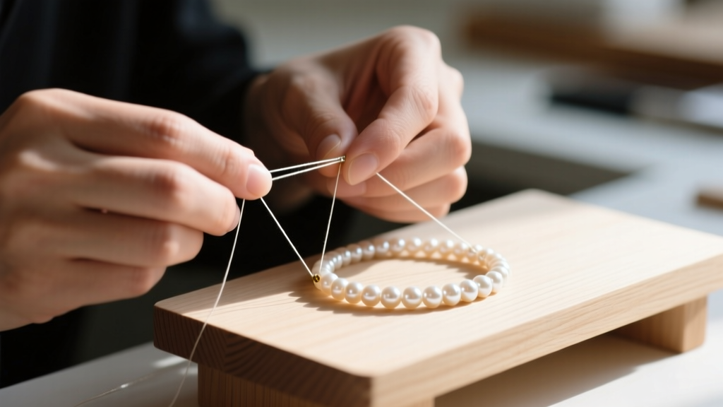 Jeweler hands using a knotting tool to restring a freshwater pearl necklace with size F silk thread on a clean wooden bench.
