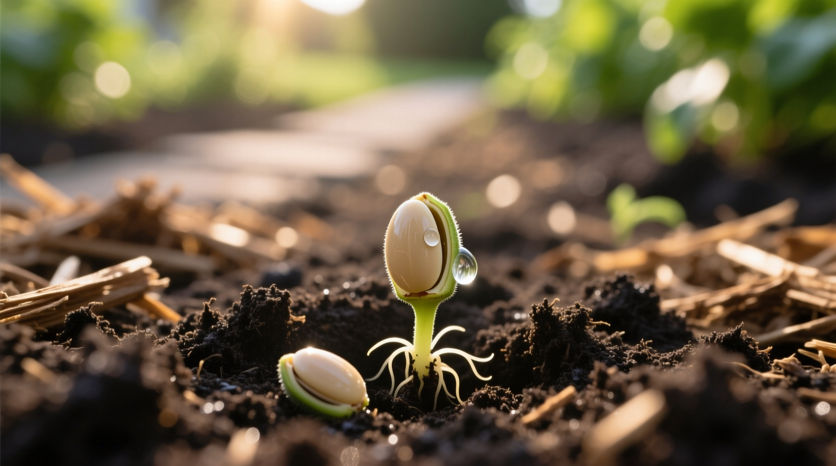 Close-up of okra seeds being planted in garden soil