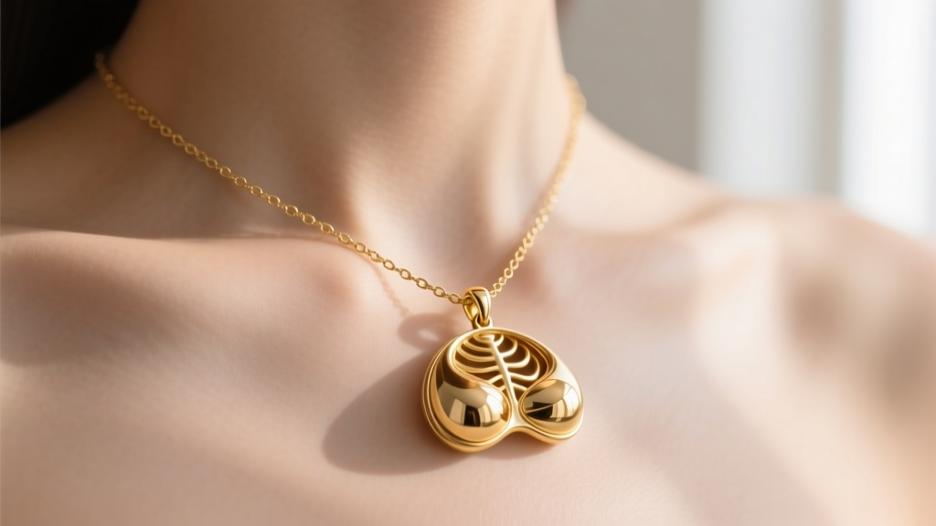 Close-up of a polished 14k solid gold anatomical breast pendant resting gracefully on a collarbone with a delicate box chain.