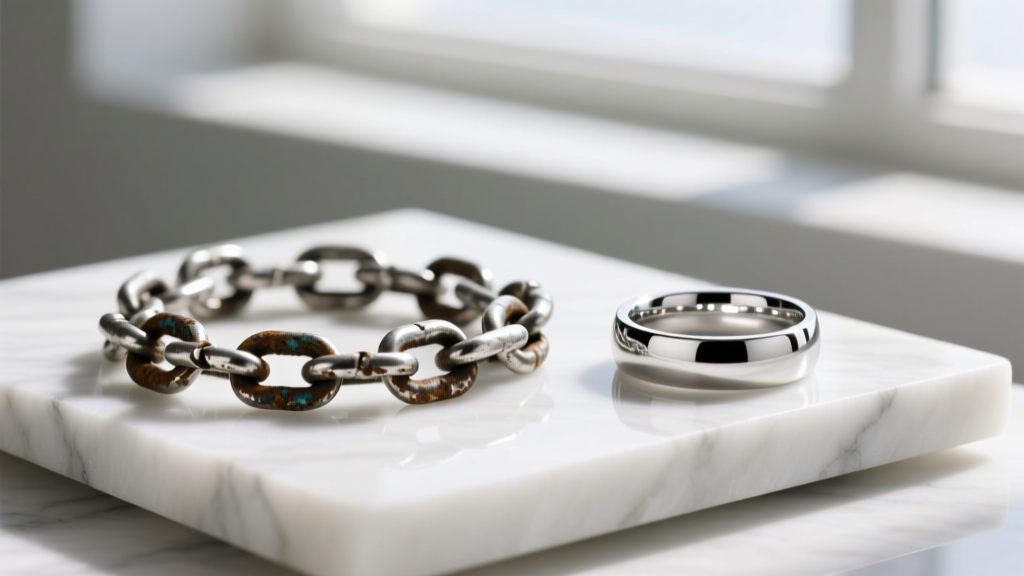 Side-by-side view of a heavily tarnished sterling silver chain and a bright platinum band resting on white marble.