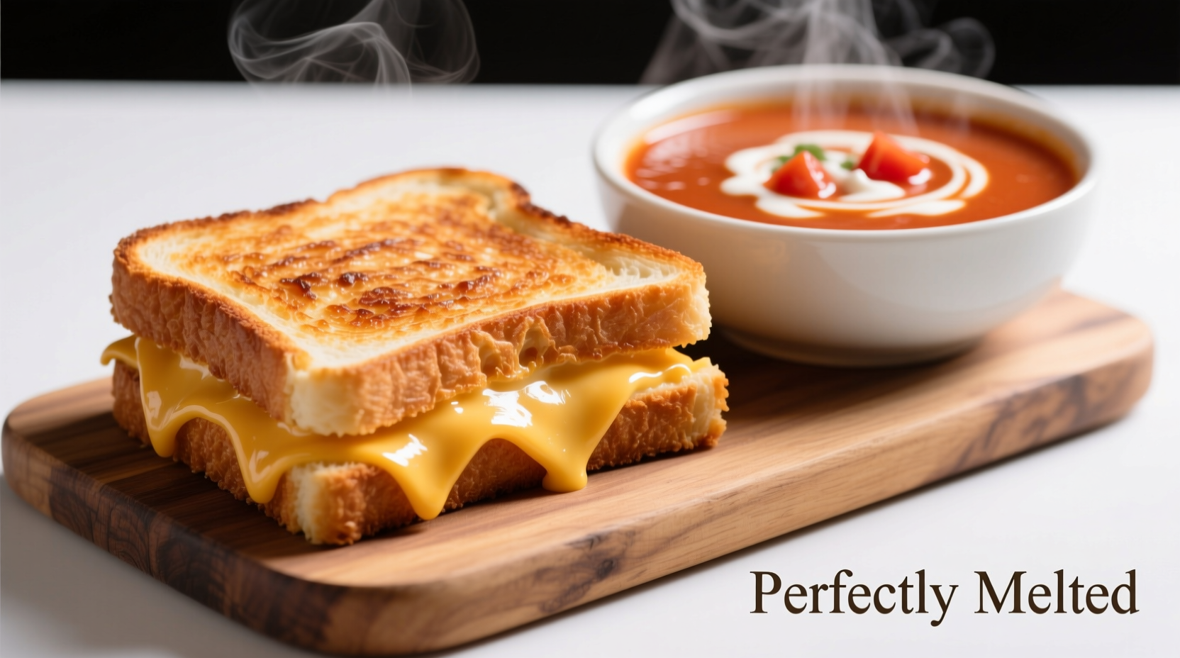 Perfectly melted grilled cheese sandwich with tomato soup