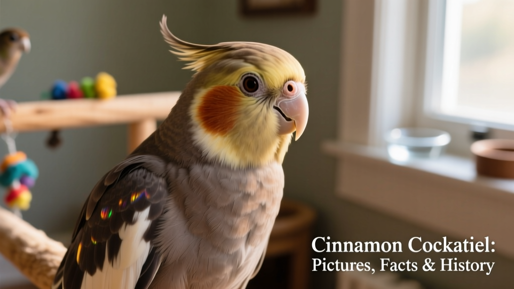 A close-up portrait of a Cinnamon Cockatiel showing its warm brown-tinged gray feathers, expressive face, and gentle expression