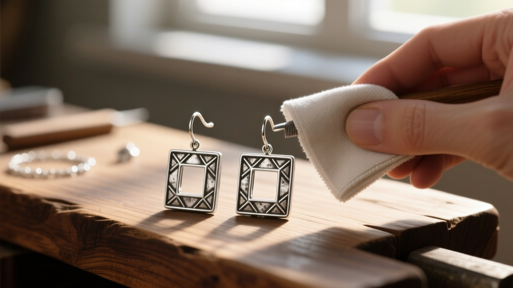 A pair of tarnished square silver drop earrings being gently polished with a microfiber cloth on a wooden jeweler
