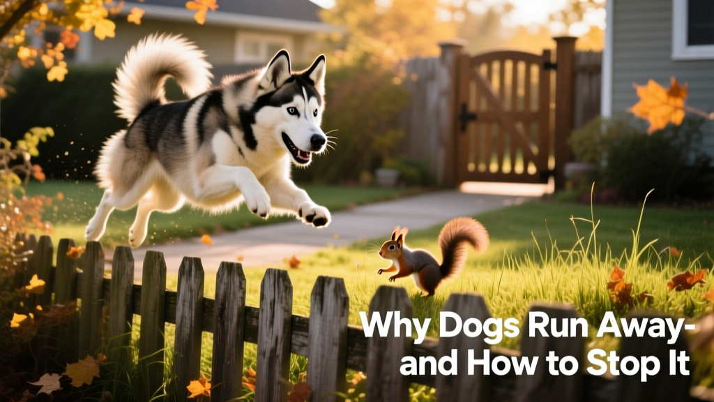 A Siberian Husky mid-leap over a low wooden fence, eyes locked on a squirrel in the distance
