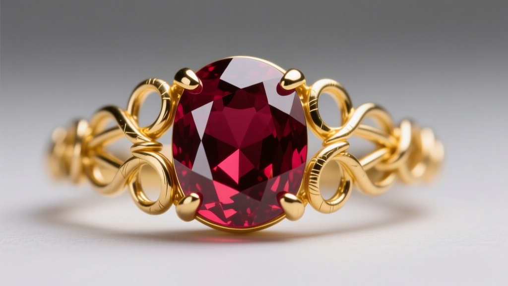 Extreme close-up of traditional 24-karat yellow gold filigree wirework securing a cabochon ruby, showing soft metal tool marks