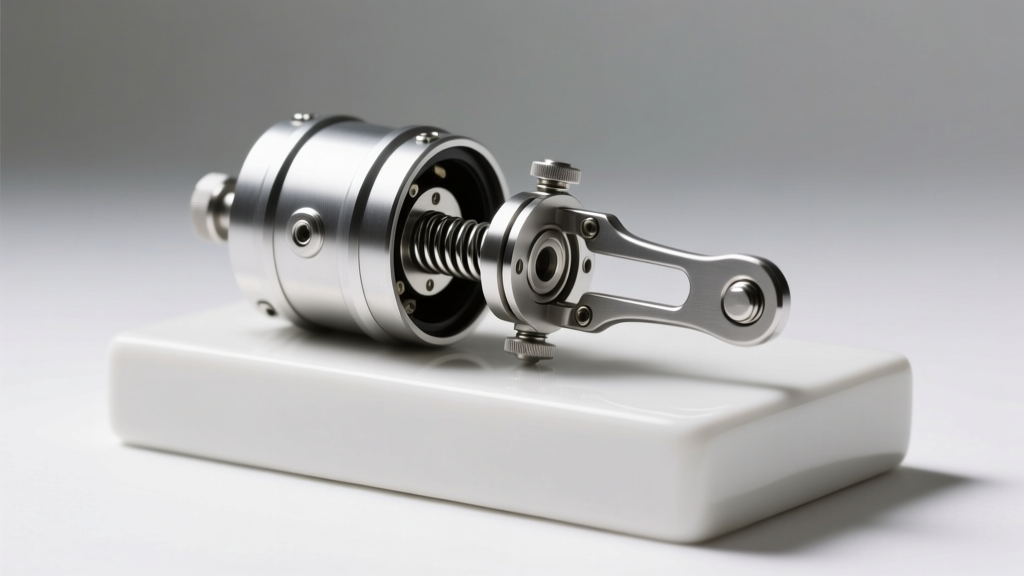 Internal spring and lever parts of a disassembled barrel clasp resting on a white ceramic bench block under bright studio light.