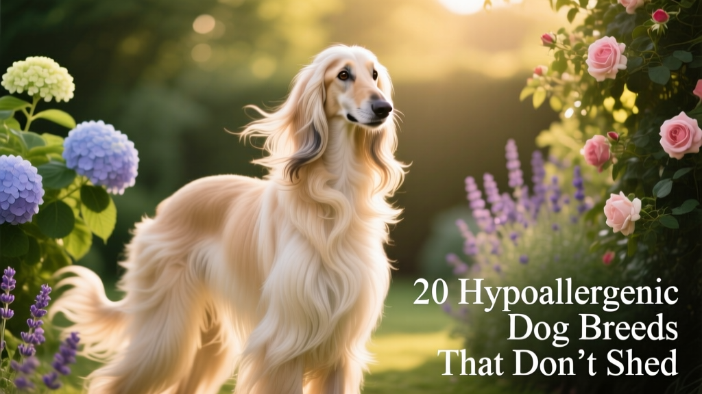 An elegant Afghan Hound with long, flowing cream-colored hair standing gracefully in a sunlit garden