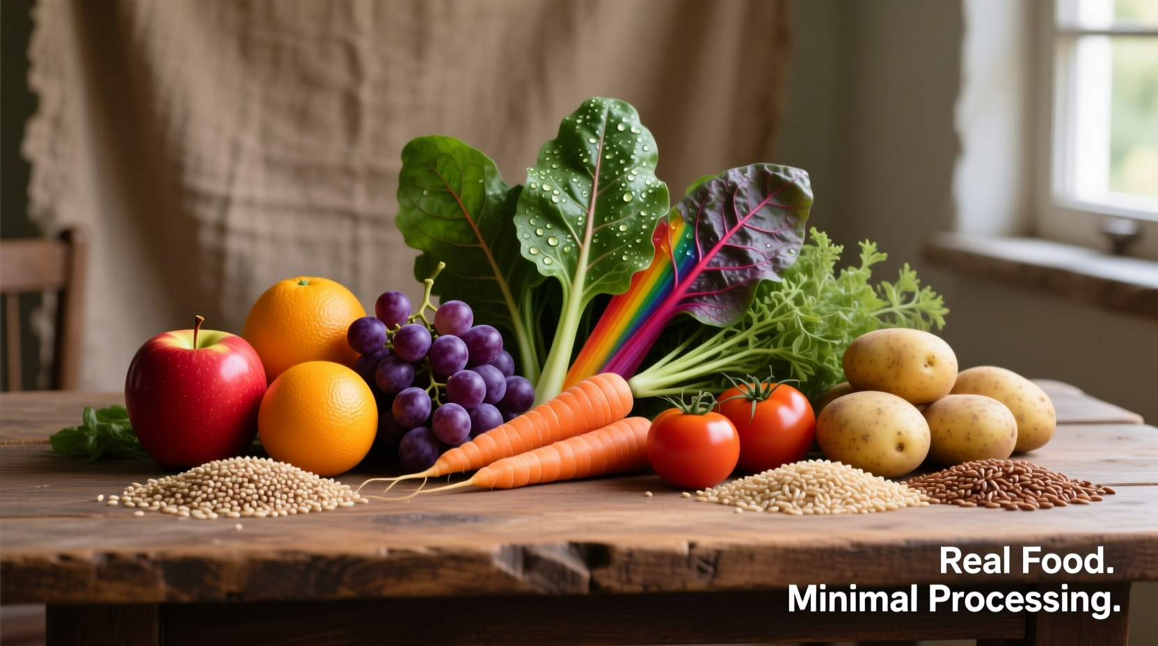 Colorful display of minimally processed foods