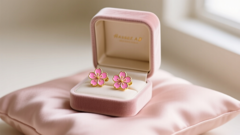 Open velvet box displaying 18k gold vermeil pink enamel cherry blossom stud earrings on blush silk in soft natural light.