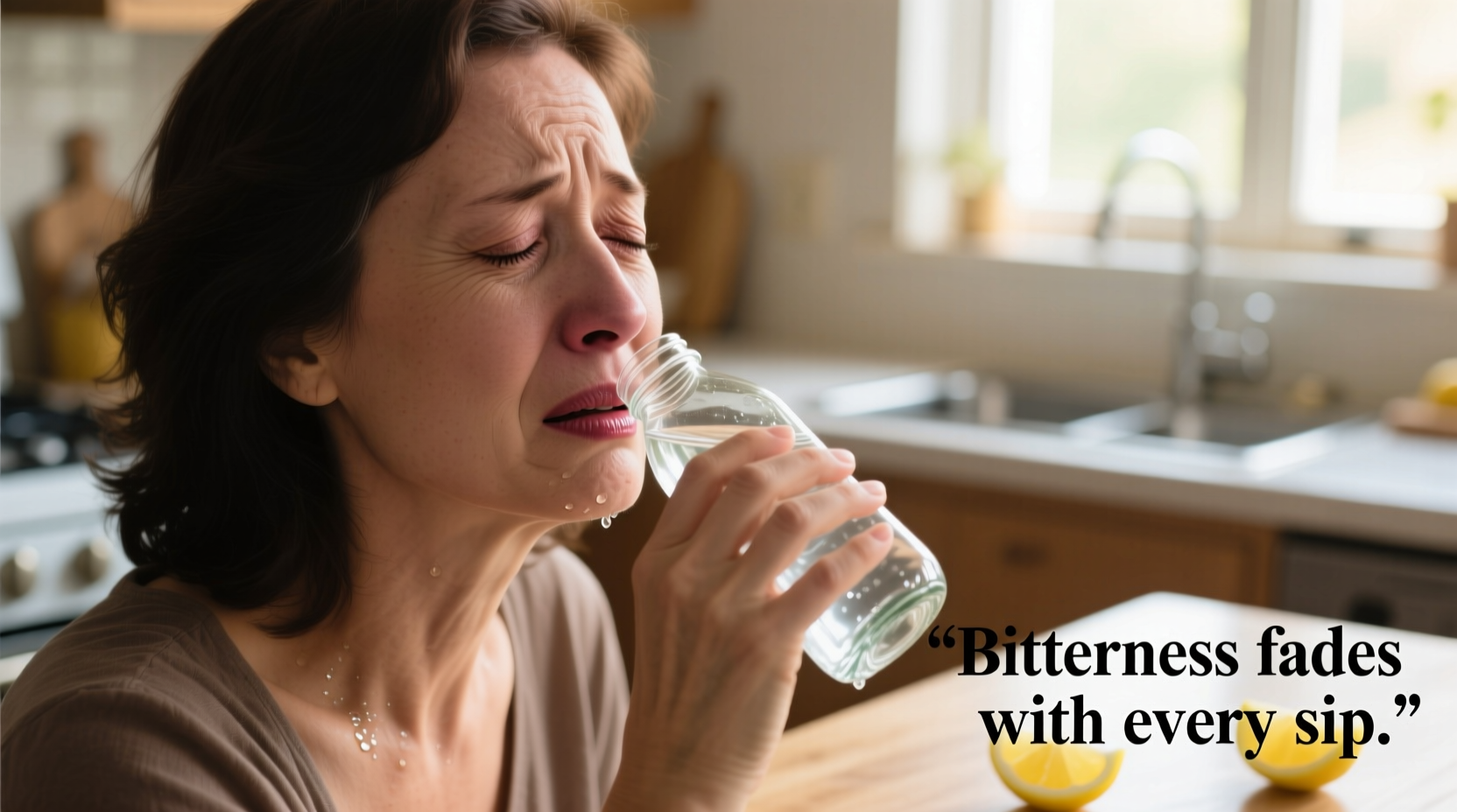 Woman drinking water to relieve bitter taste in mouth