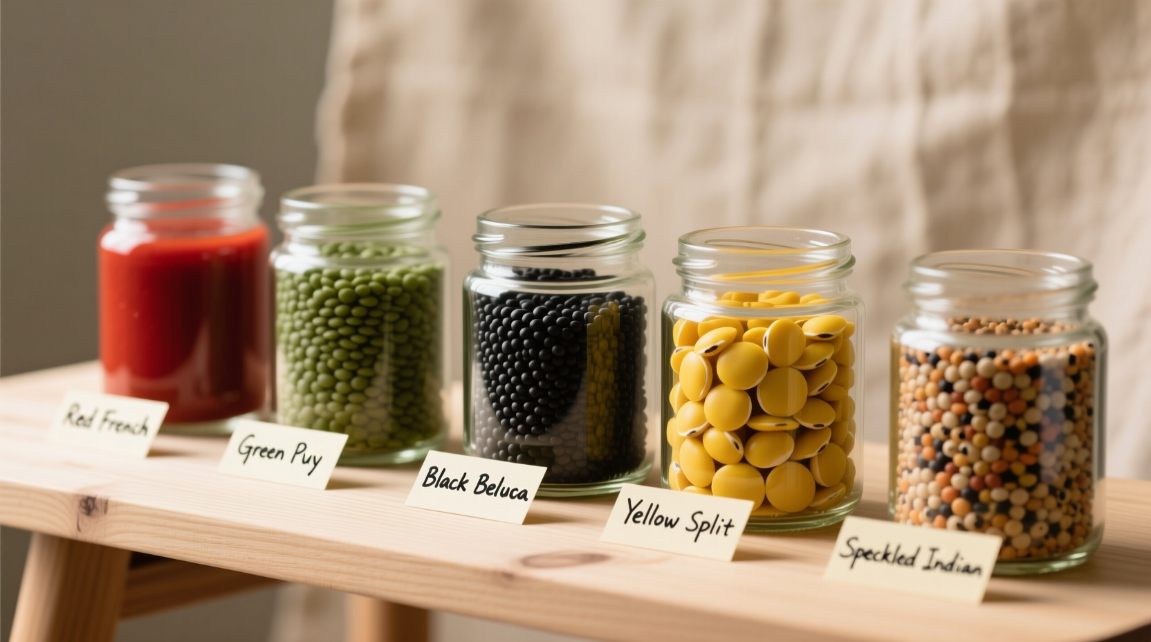 Colorful lentil varieties in glass jars