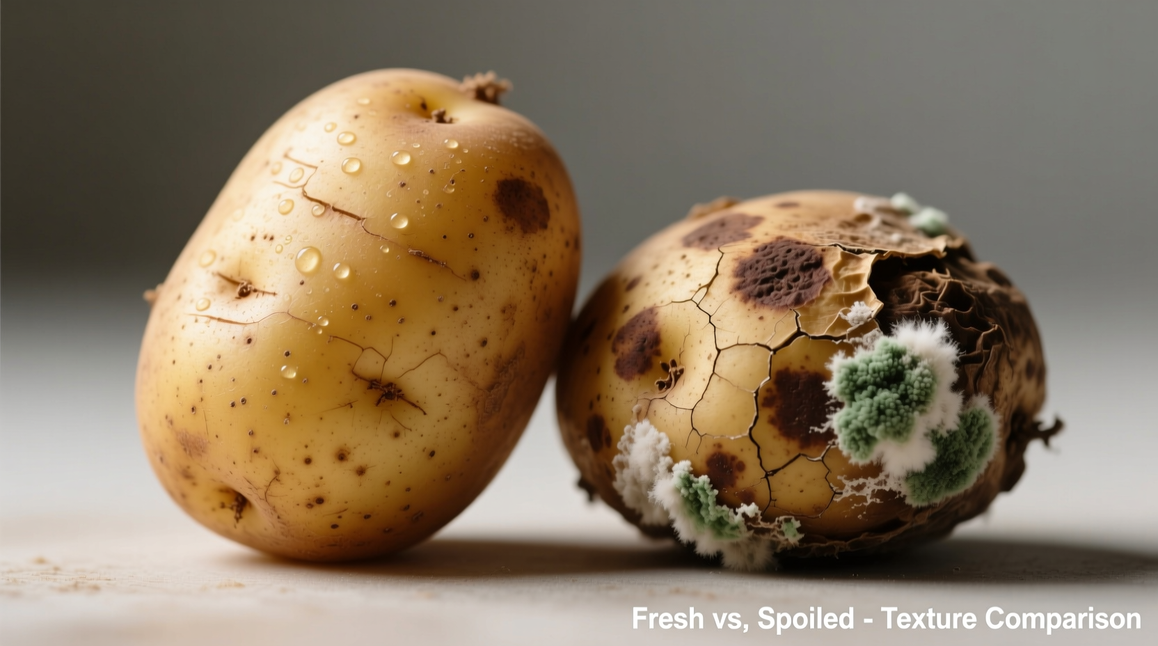 Close-up of fresh versus spoiled potatoes showing texture differences