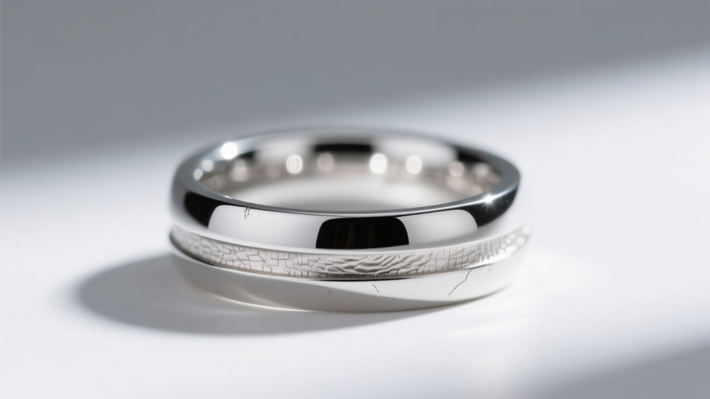 Side view of a Chunzu rhodium-plated sterling silver ring, contrasting the high-polish outer surface with the raw inner band