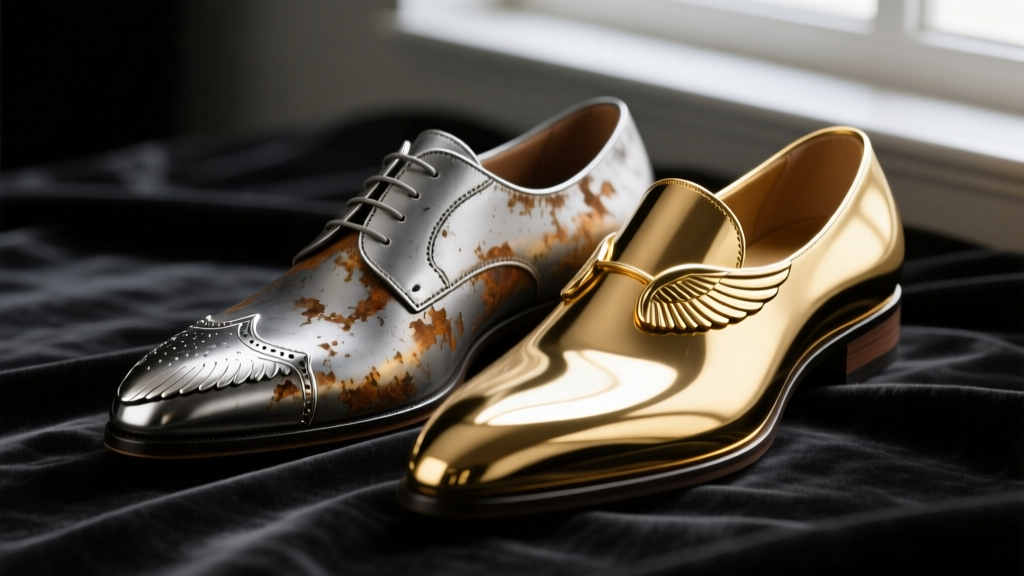 Macro shot of a sterling silver wing tip with crevice oxidation, beside a polished 18k gold wing tip on dark velvet.