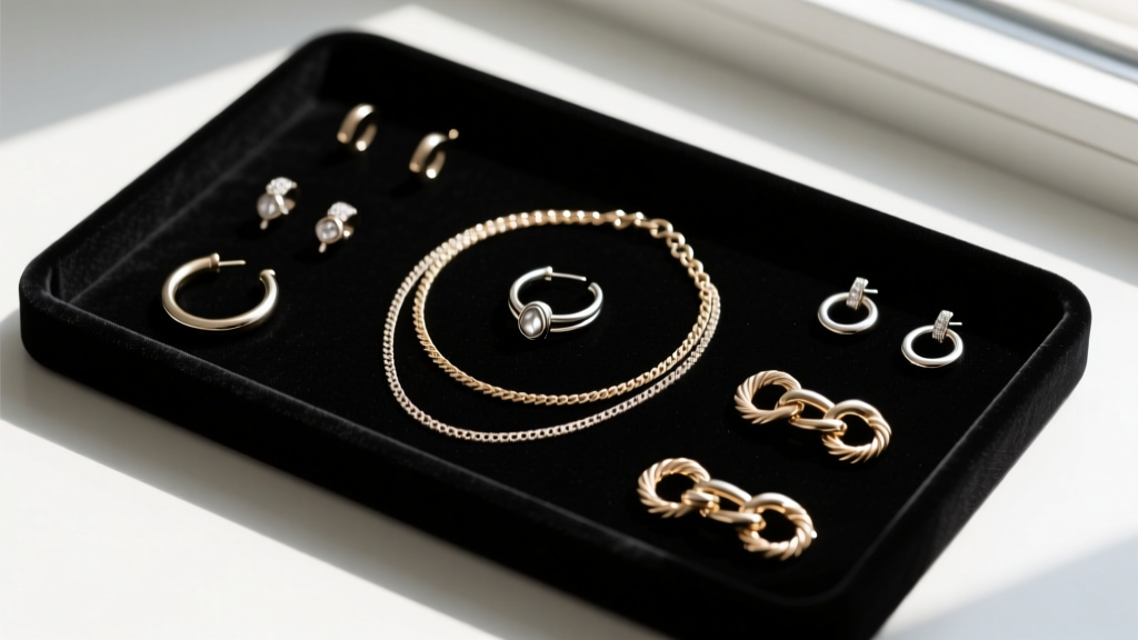 Flat lay of various nose ring to earring chain styles including rolo and cable chains on a dark velvet jewelry display tray