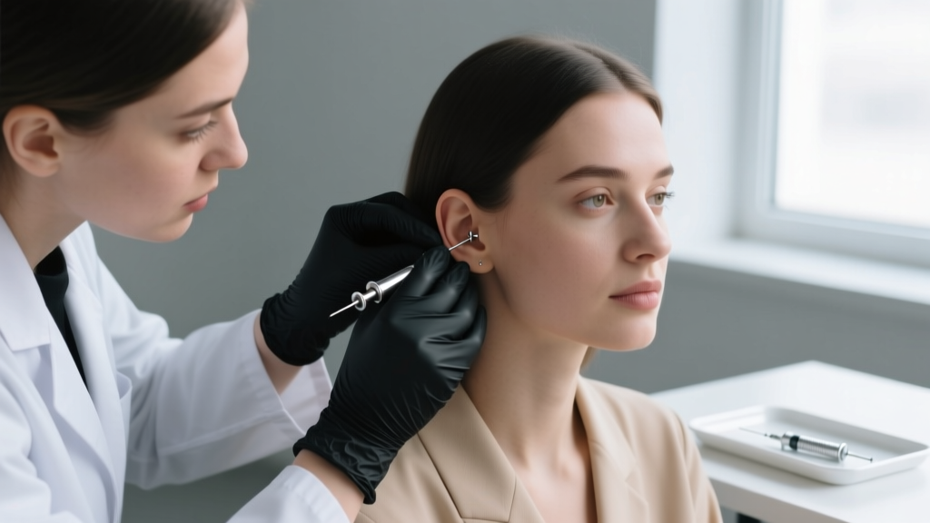Professional piercer wearing black nitrile gloves examining a client's earlobe with a sterile cotton swab in a bright studio.