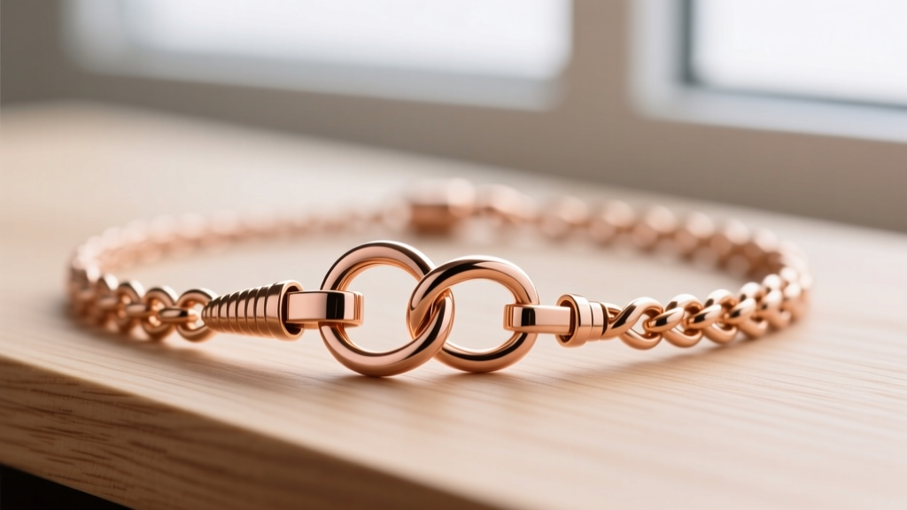 Macro view of a secure lobster clasp and reinforced jump ring on a 14k rose gold endless knot necklace on a clean wooden surface.
