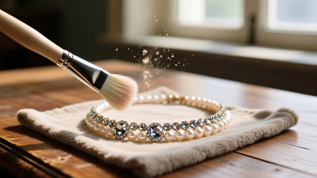A soft-bristled brush gently dusting a vintage rhinestone and faux pearl necklace over a microfiber cloth on a wooden desk.