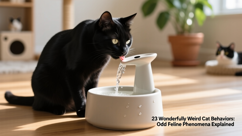 A sleek black cat drinking from a modern ceramic pet water fountain with gentle water flow