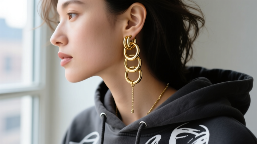 Side profile of multiple 18-gauge gold hoops and a minimalist ear chain, styled casually with a dark streetwear graphic hoodie