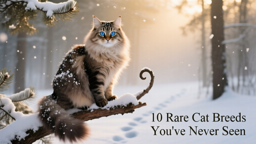 A large, fluffy Norwegian Forest Cat sitting regally on a snowy pine branch