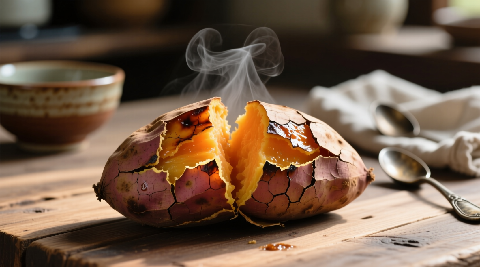 Perfectly baked Japanese sweet potato with split skin