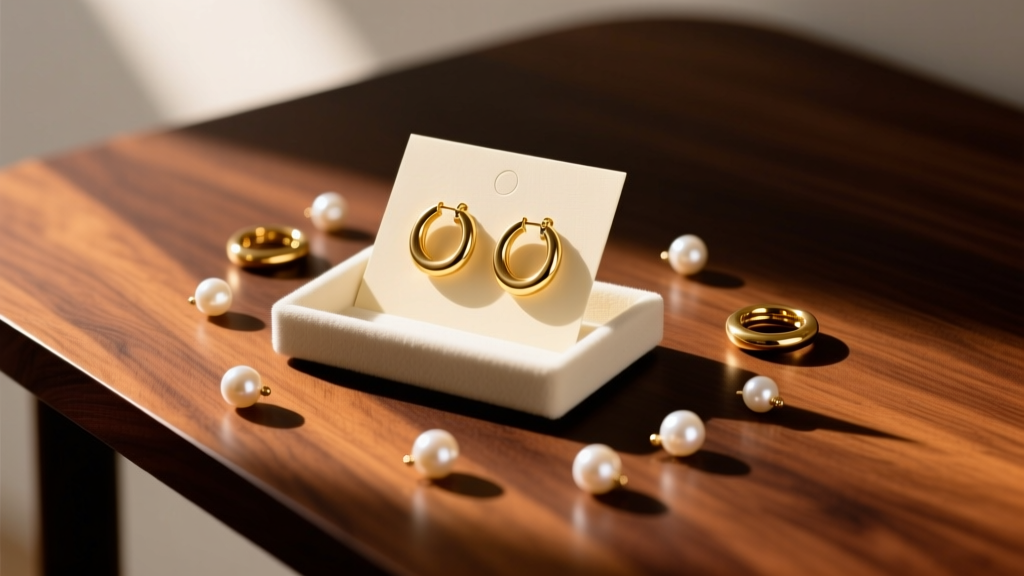 Top-down view of a cream card earring holder displaying gold hoops and pearl studs on a dark walnut desk in soft natural light.