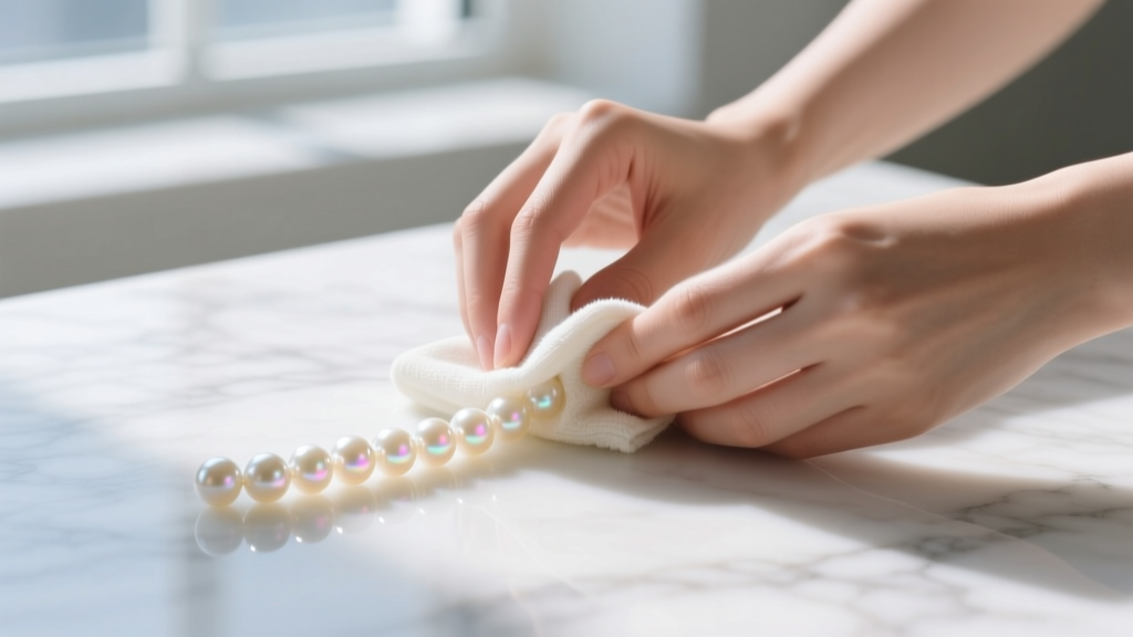 Close-up of hands gently wiping a strand of cream-colored glass pearls with a damp microfiber cloth on a white marble surface.