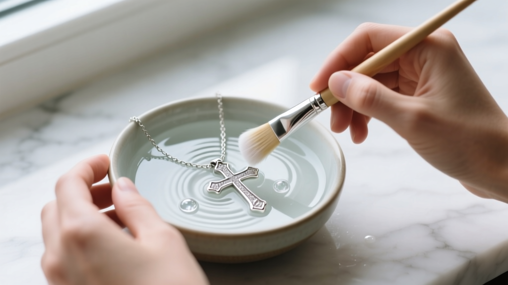 Hands using a soft brush to clean the crevices of a sterling silver cross name necklace in a small bowl of mild soapy water.