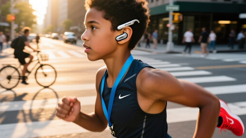 Close-up of a runner wearing Bose Ultra Open Earbuds clipped to their ear cartilage while jogging through a busy urban crosswalk