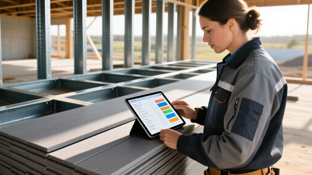 Contractor reviewing a digital deck materials list on a tablet next to stacked gray composite decking boards and steel framing joists