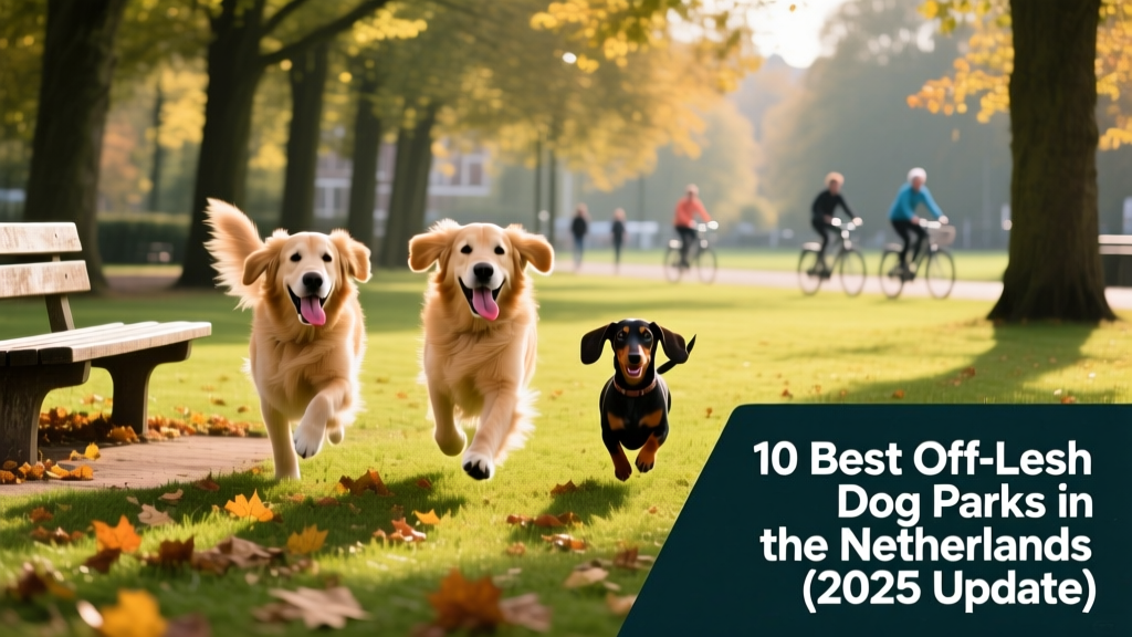 Dogs playing together in a lively, tree-lined section of Vondelpark with benches and open green space
