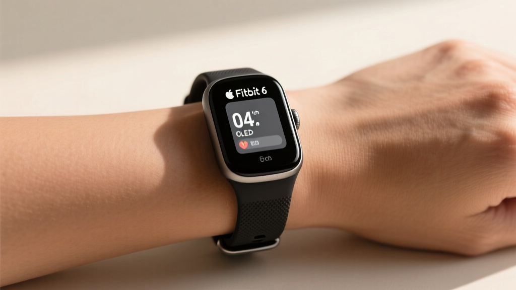 Fitbit Charge 6 worn on a medium-sized wrist showing the 1.04-inch grayscale OLED display and elastomer band clasp detail