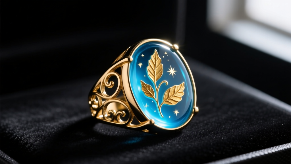 Brass costume ring filled with blue UV resin and gold leaf, resting on dark velvet under soft directional lighting