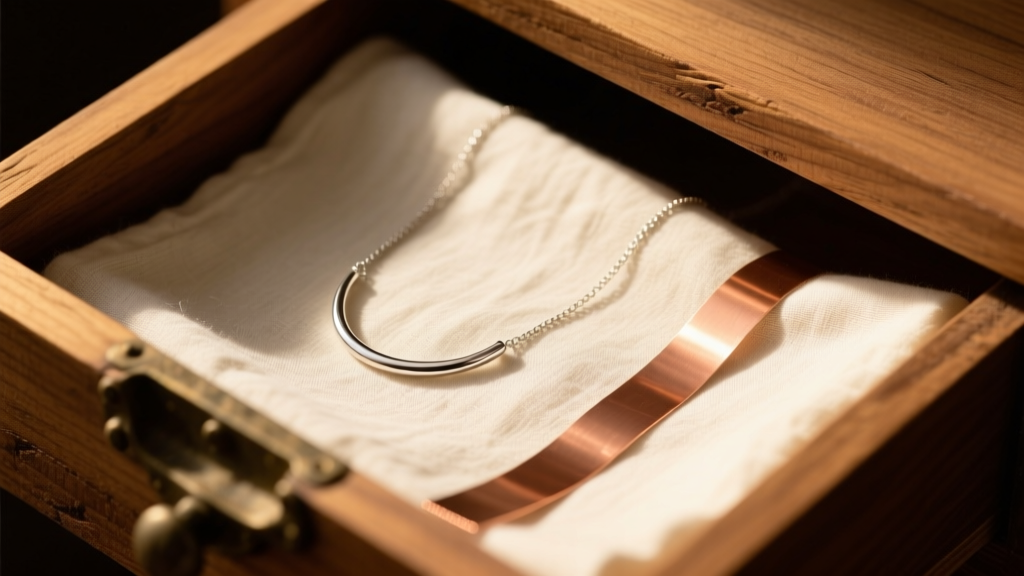 Silver necklace resting on unbleached cotton in a cedar drawer, beside a copper anti-tarnish strip under focused warm lighting