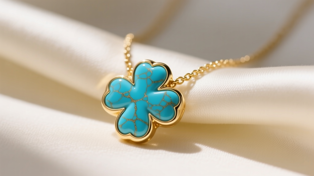 Close-up of an 18k gold turquoise clover necklace on cream silk, soft light highlighting the blue stone matrix and gold bezel.