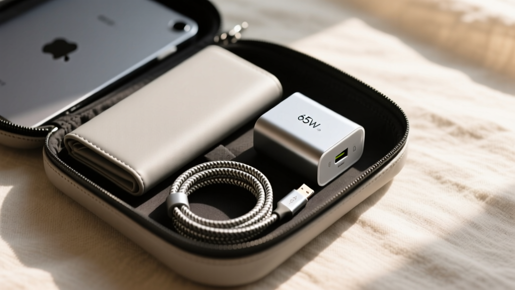 Flat-lay travel packing scene showing a folded 65W GaN charger, braided USB-C cable, and slim tablet sleeve inside a tech pouch
