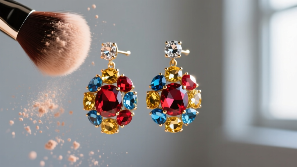 Macro shot of vintage 1990s clip-on rhinestone earrings with glued glass stones being carefully dusted with a soft makeup brush