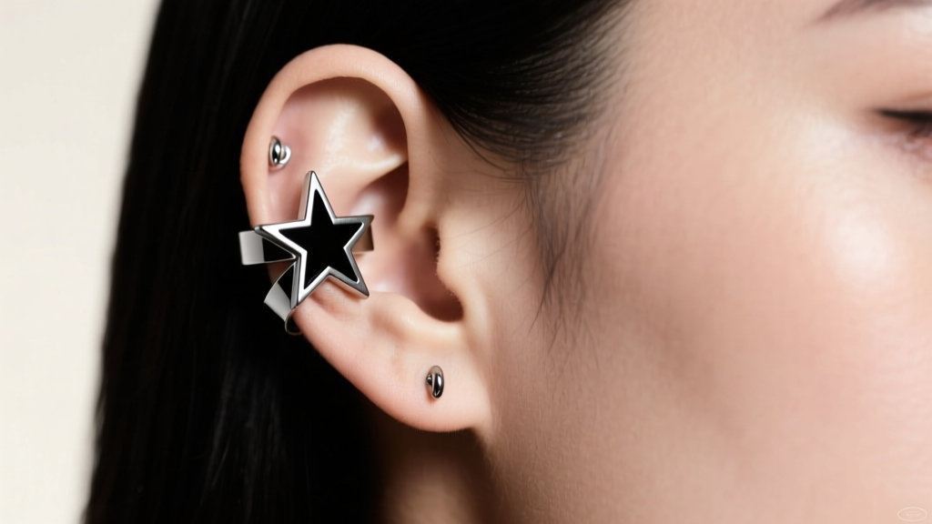 Titanium ear cuff with a Blackstar motif wrapping around a helix cartilage piercing, bathed in cool, silver-toned studio lighting