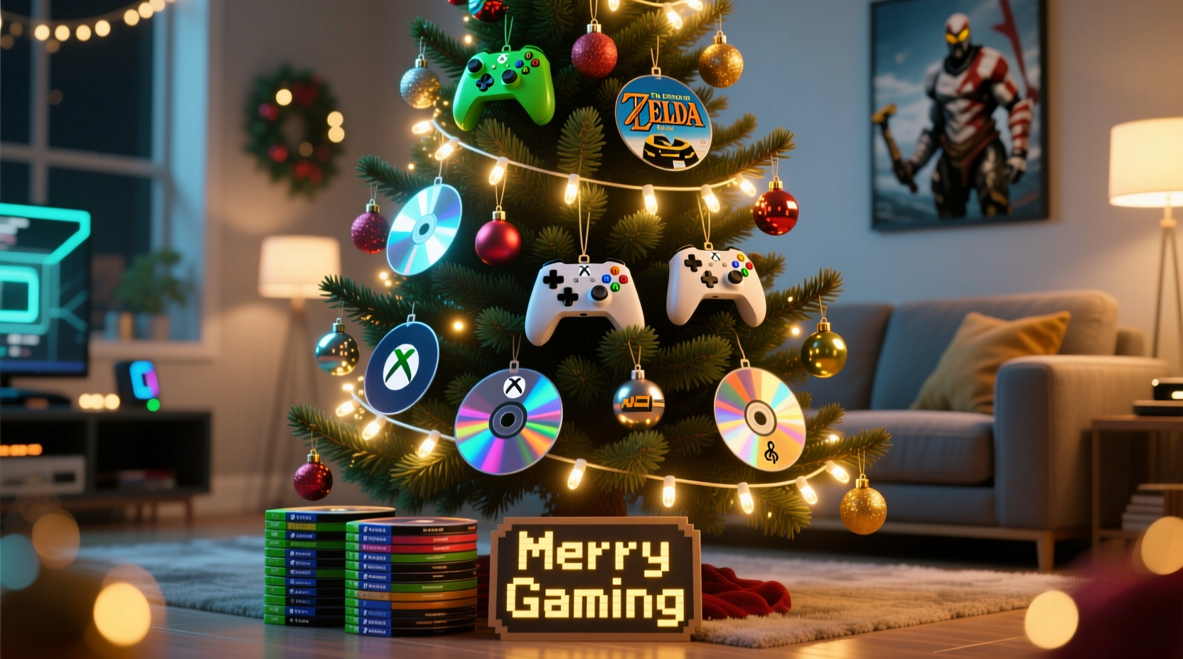 how to create a gaming inspired christmas tree with controller lights and game discs