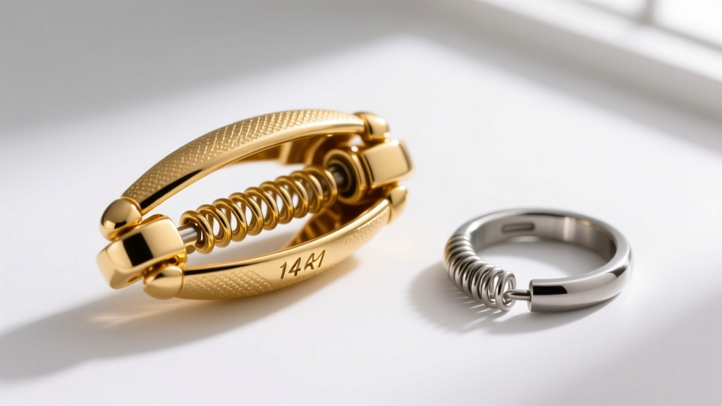 Macro view of 14k gold lobster clasp open showing internal spring tension next to a standard spring ring on a white background