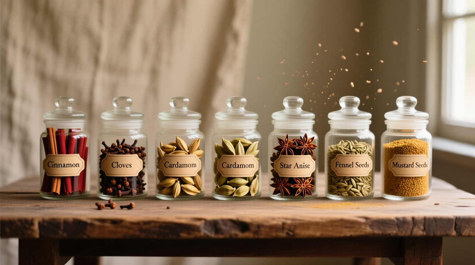 Diverse collection of whole spices in glass jars