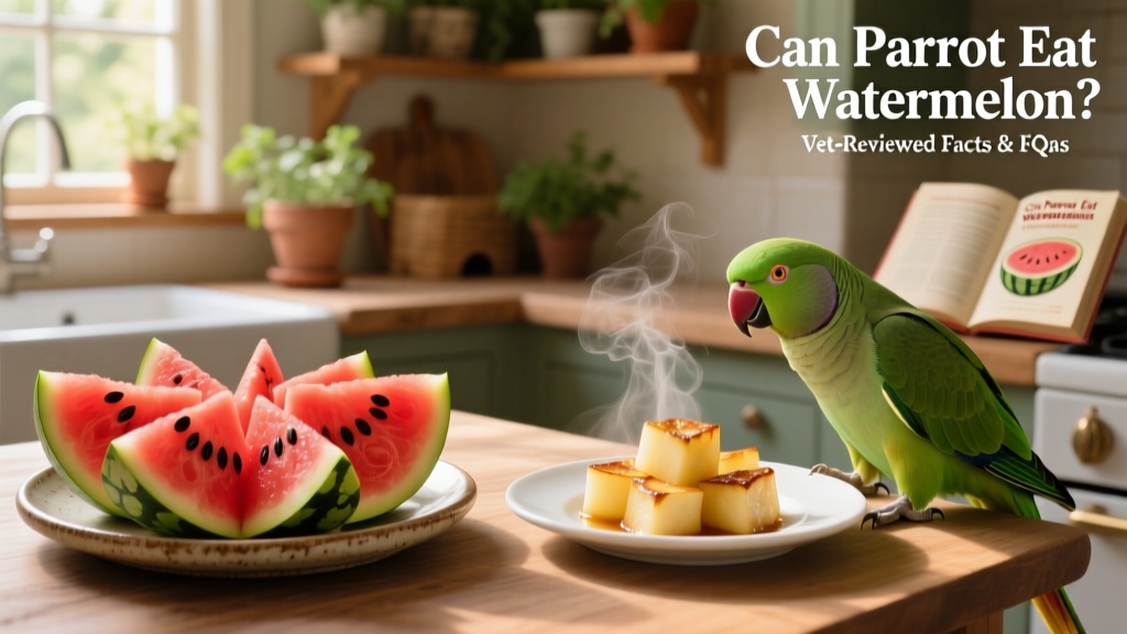 A side-by-side comparison: fresh watermelon slices on one plate, steamed apple cubes on another, with a parrot observing both