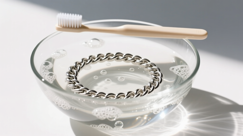 Sterling silver 24-inch rope chain in a glass bowl of warm soapy water, with a soft-bristled baby toothbrush resting on the rim.